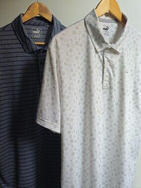 Two Puma Golf Shirts Size Large White PUMA Mattr Beach Trip, Blue heathered